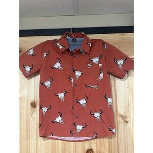 Toby Boy Western Short Sleeve Shirt Burnt Orange Size Small Cow Skulls Cowboy